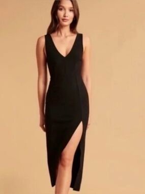 Abercrombie & Fitch Black V-Neck Midi Dress with Side Slit